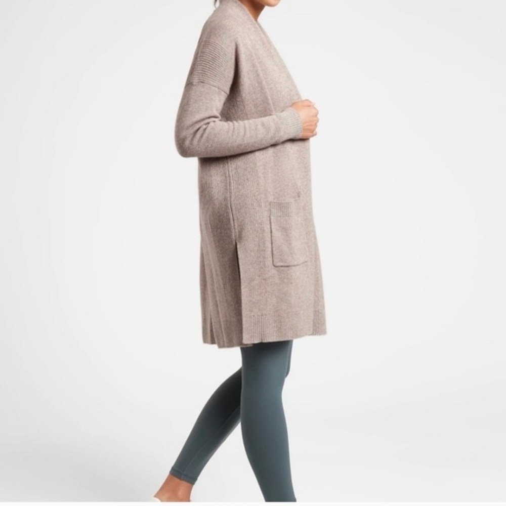 ATHLETA Spirit Wool Cashmere Wrap Open Cardigan Sweater Taupe Pockets Small